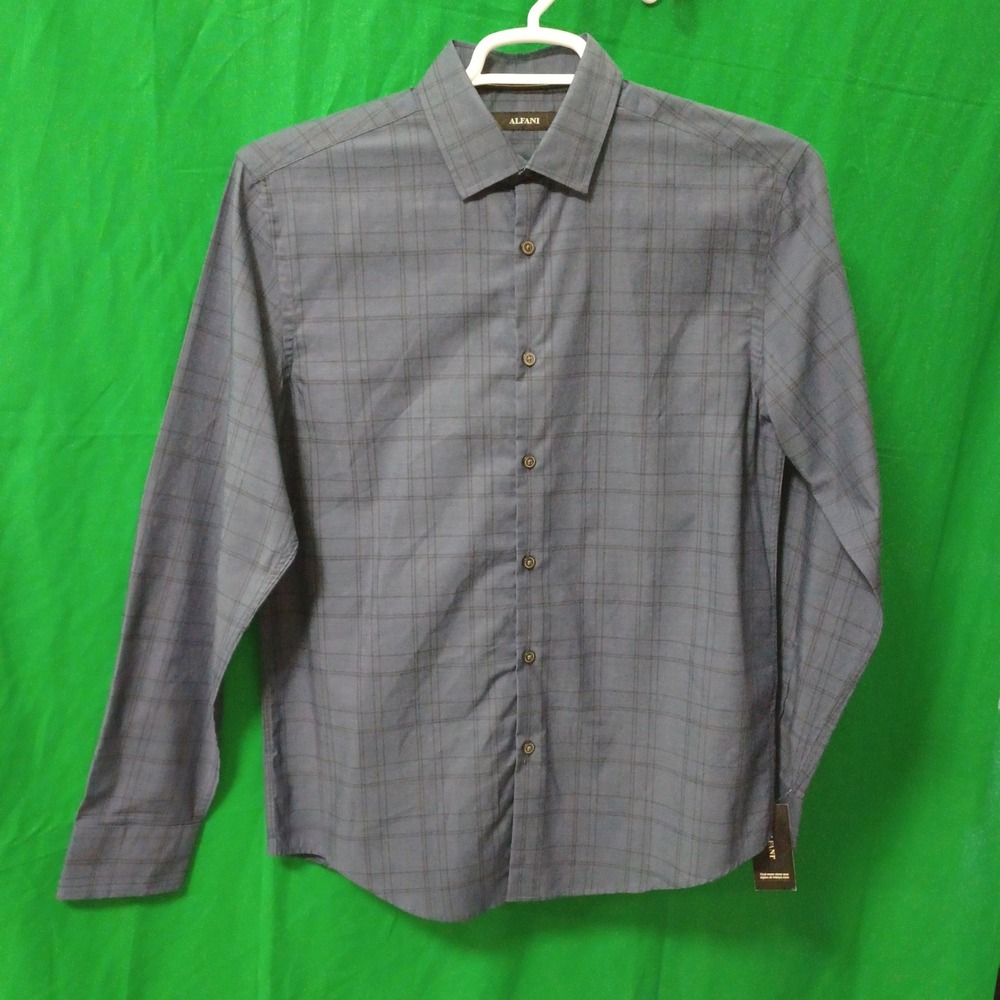 Alfani Mens Navy Blue Grid Check Long Sleeve Button Down Shirt SP17 1216 NEW‎
